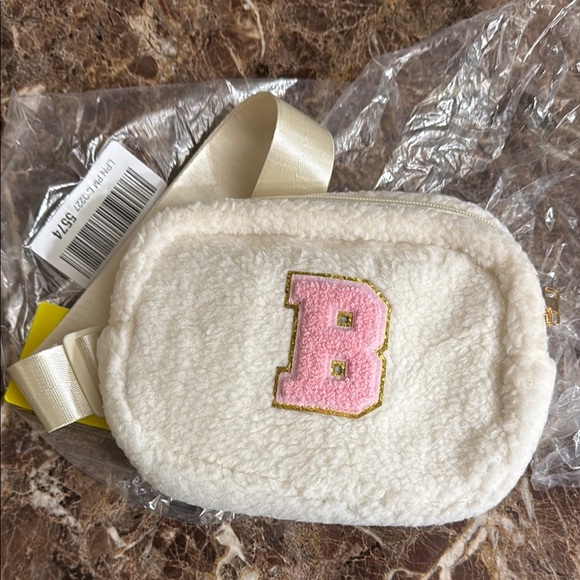 Accessories - Cream Fuzzy Belt Bag with Pink Letter B